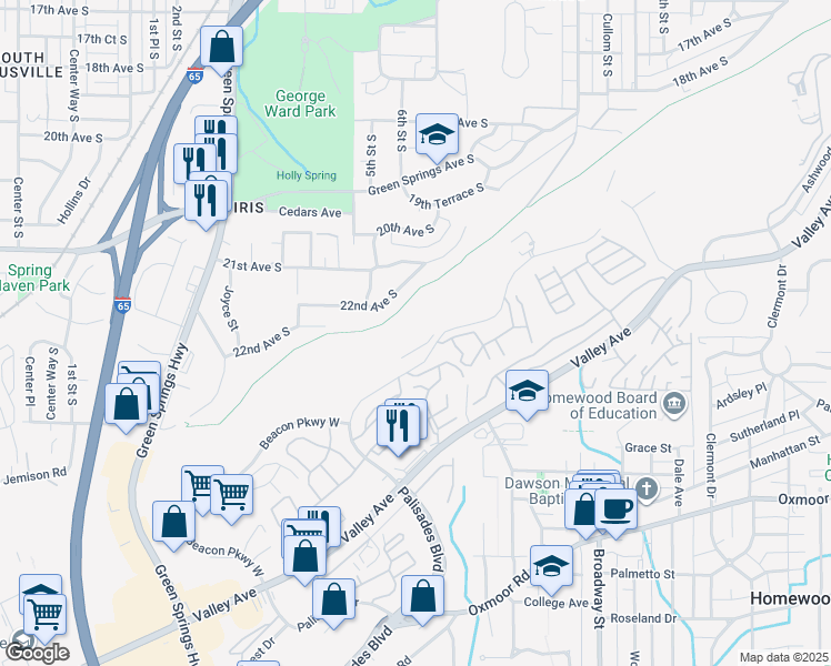 map of restaurants, bars, coffee shops, grocery stores, and more near 1120 Beacon Parkway West in Birmingham