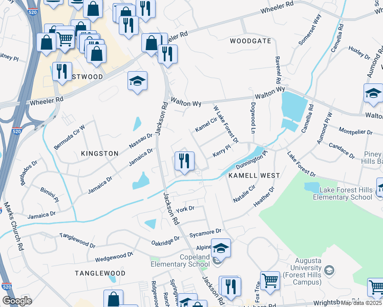 map of restaurants, bars, coffee shops, grocery stores, and more near 846 Wimbledon Drive in Augusta