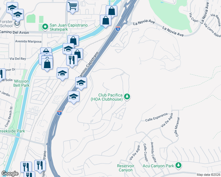 map of restaurants, bars, coffee shops, grocery stores, and more near 33532 Valle Road in San Juan Capistrano