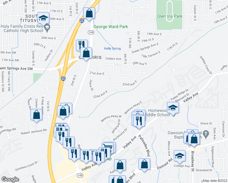 map of restaurants, bars, coffee shops, grocery stores, and more near 401 22nd Court South in Birmingham