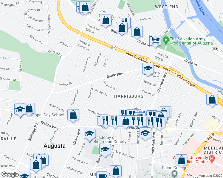 map of restaurants, bars, coffee shops, grocery stores, and more near 710 Metcalf Street in Augusta