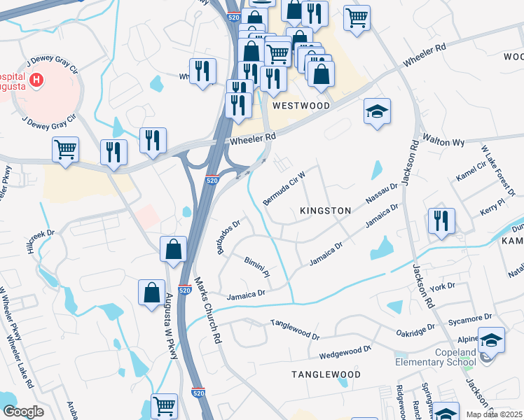 map of restaurants, bars, coffee shops, grocery stores, and more near 3629 Bermuda Circle East in Augusta