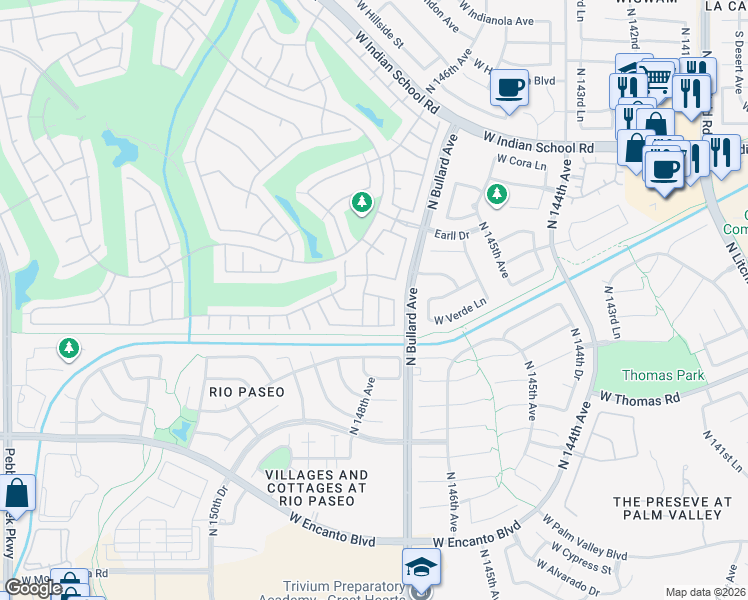 map of restaurants, bars, coffee shops, grocery stores, and more near 2965 North 148th Avenue in Goodyear