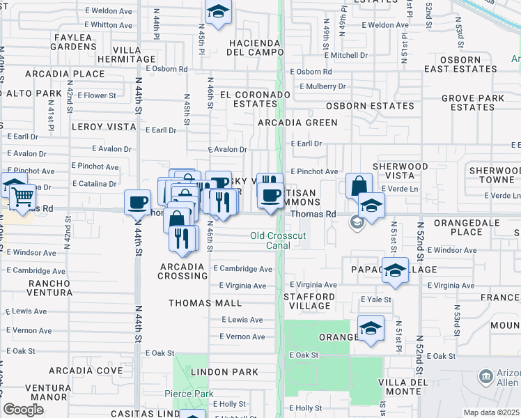 map of restaurants, bars, coffee shops, grocery stores, and more near 4727 East Thomas Road in Phoenix
