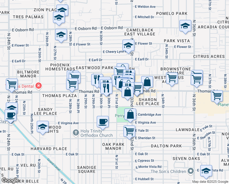 map of restaurants, bars, coffee shops, grocery stores, and more near 3039 East Thomas Road in Phoenix