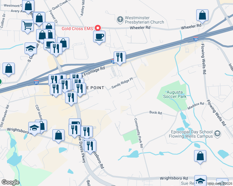 map of restaurants, bars, coffee shops, grocery stores, and more near 4388 Ridge Valley Drive in Augusta