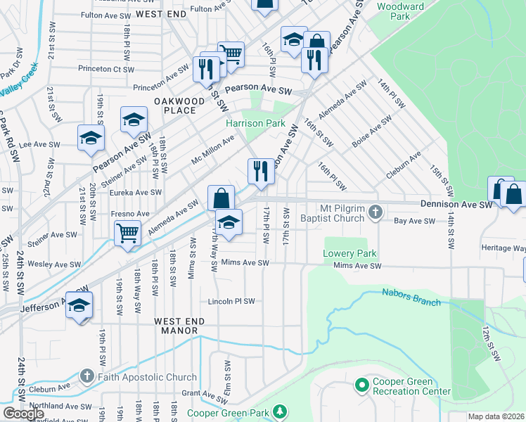 map of restaurants, bars, coffee shops, grocery stores, and more near 1324 17th Place Southwest in Birmingham