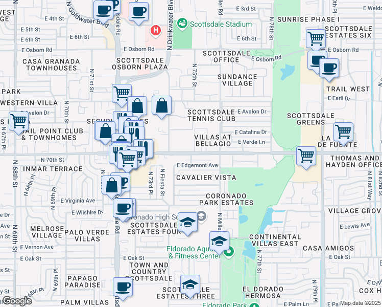 map of restaurants, bars, coffee shops, grocery stores, and more near E Thomas Rd & N 75th St in Scottsdale
