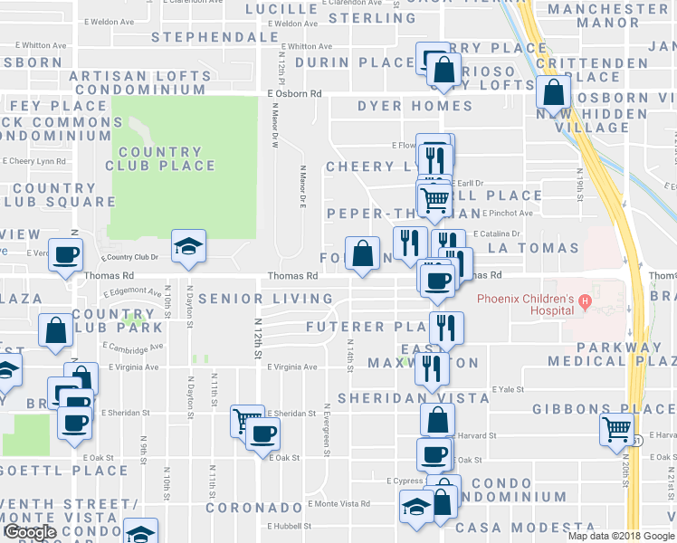 map of restaurants, bars, coffee shops, grocery stores, and more near 1350 East Thomas Road in Phoenix
