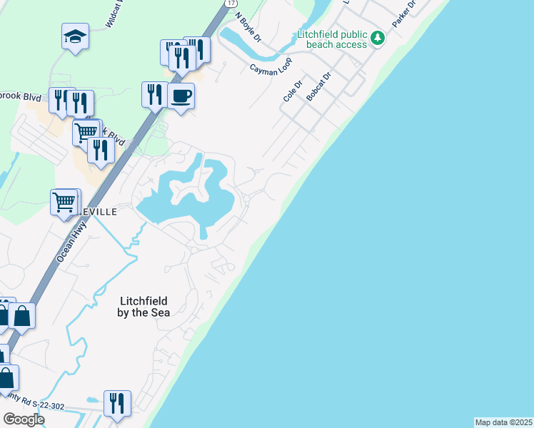 map of restaurants, bars, coffee shops, grocery stores, and more near 601 Retreat Beach Circle in Pawleys Island