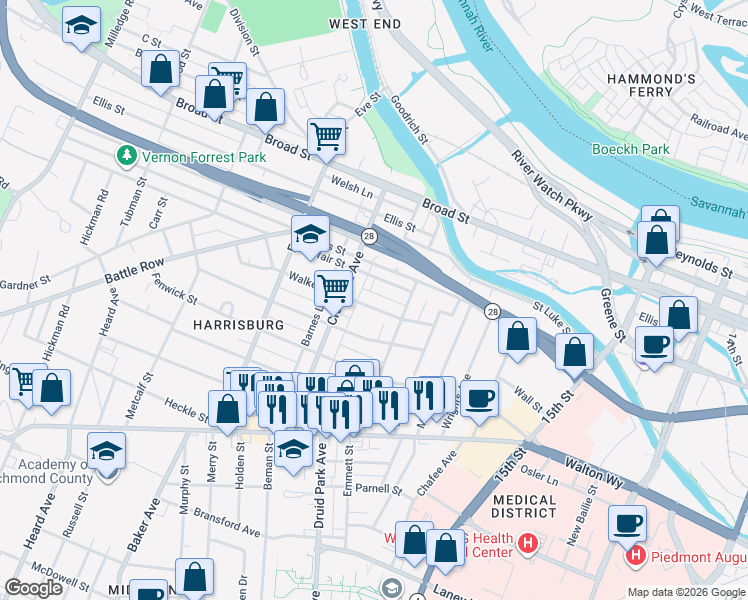 map of restaurants, bars, coffee shops, grocery stores, and more near 1740 Walker Street in Augusta
