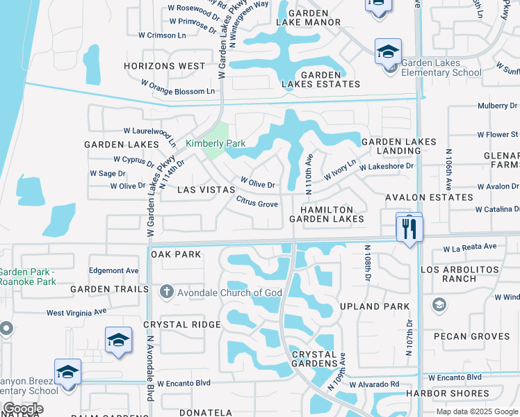 map of restaurants, bars, coffee shops, grocery stores, and more near 11206 West Bermuda Drive in Avondale