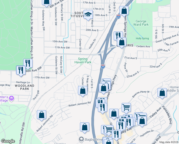map of restaurants, bars, coffee shops, grocery stores, and more near 20 23rd Terrace South in Birmingham