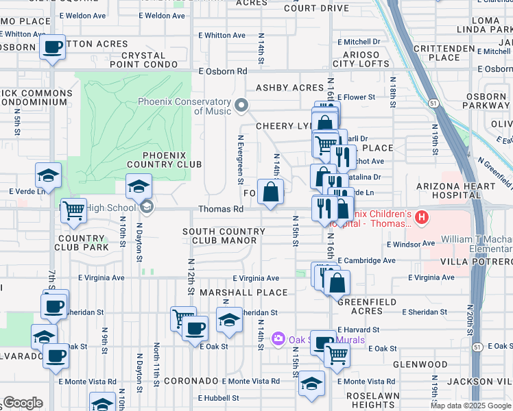 map of restaurants, bars, coffee shops, grocery stores, and more near 1311 East Thomas Road in Phoenix
