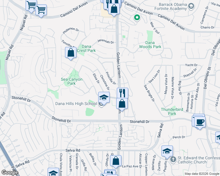 map of restaurants, bars, coffee shops, grocery stores, and more near 33242 Christina Drive in Dana Point