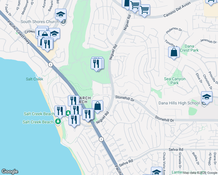 map of restaurants, bars, coffee shops, grocery stores, and more near 23831 Stonehill Drive in Dana Point