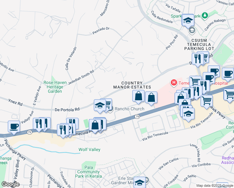 map of restaurants, bars, coffee shops, grocery stores, and more near 30605 De Portola Road in Temecula