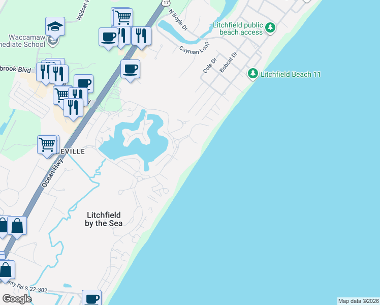 map of restaurants, bars, coffee shops, grocery stores, and more near 601 Retreat Beach Circle in Pawleys Island