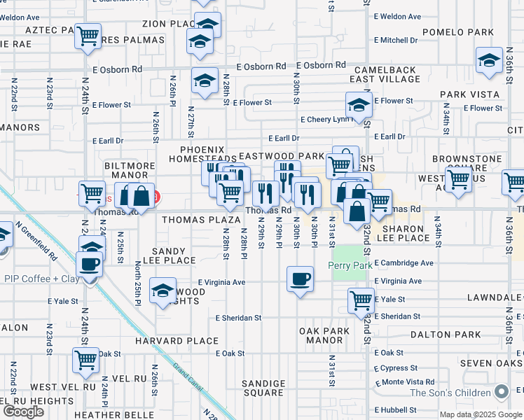 map of restaurants, bars, coffee shops, grocery stores, and more near E Thomas Rd & N 29th St in Phoenix