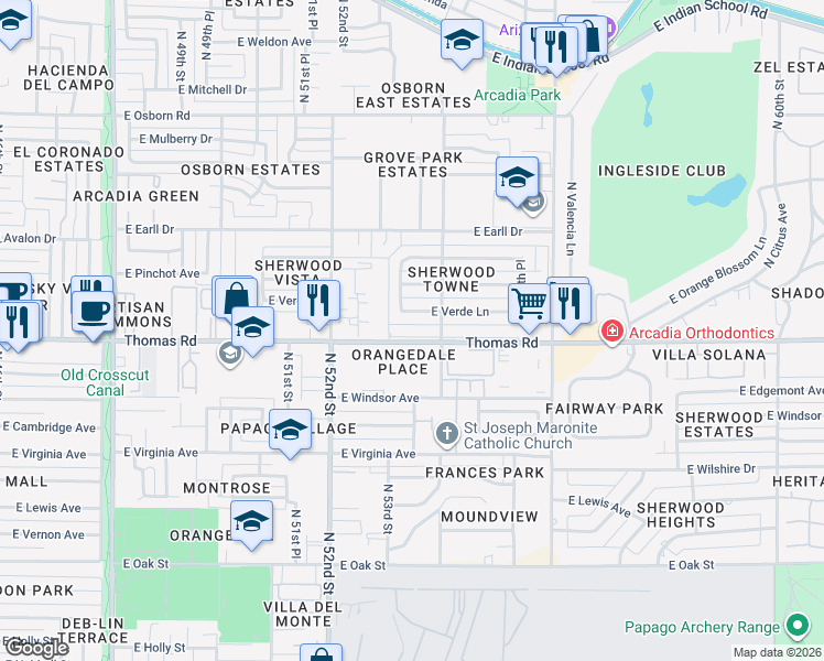 map of restaurants, bars, coffee shops, grocery stores, and more near 5333 East Thomas Road in Phoenix