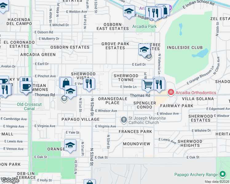 map of restaurants, bars, coffee shops, grocery stores, and more near 5333 East Thomas Road in Phoenix