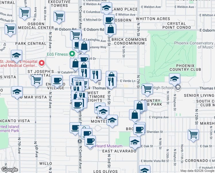 map of restaurants, bars, coffee shops, grocery stores, and more near 200 East Thomas Road in Phoenix