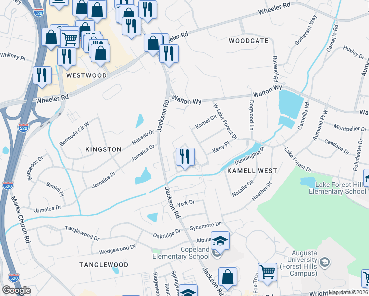 map of restaurants, bars, coffee shops, grocery stores, and more near 646 Center Court Drive in Augusta