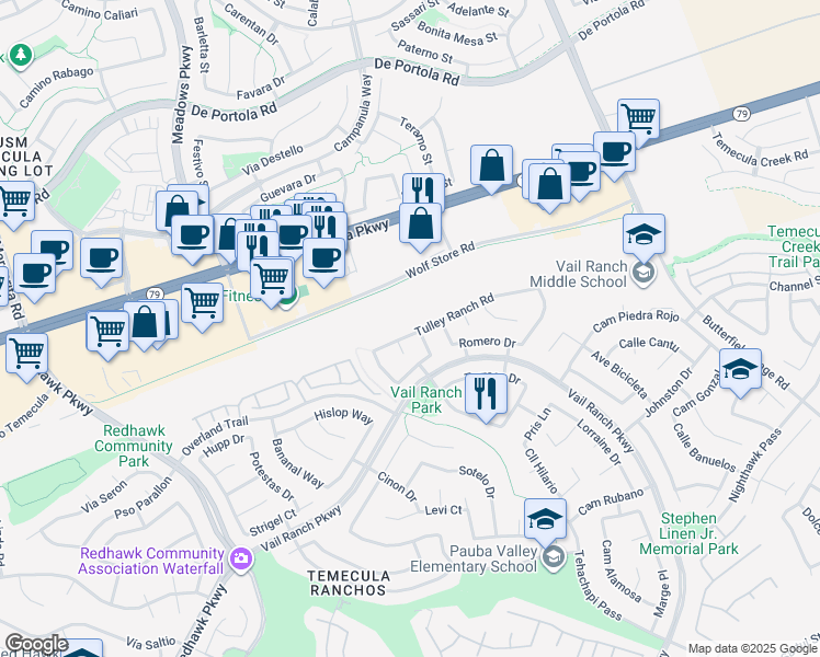 map of restaurants, bars, coffee shops, grocery stores, and more near 32812 Tulley Ranch Road in Temecula