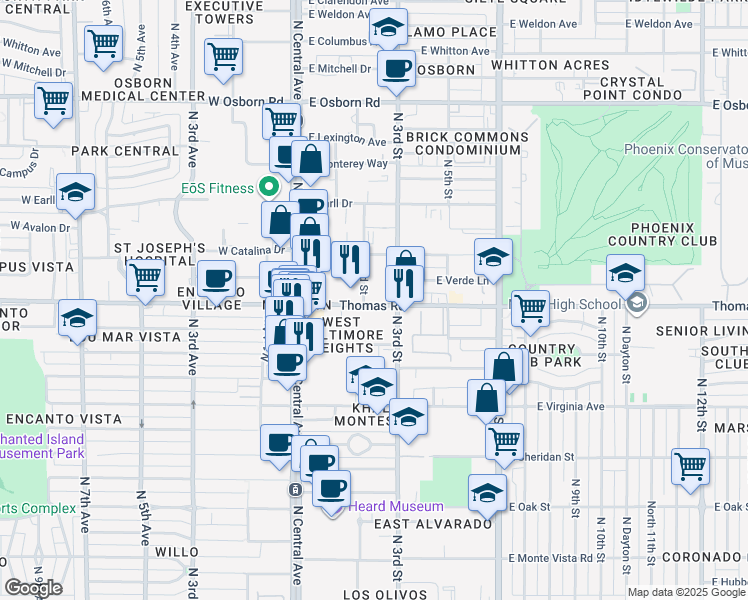map of restaurants, bars, coffee shops, grocery stores, and more near 200 East Thomas Road in Phoenix