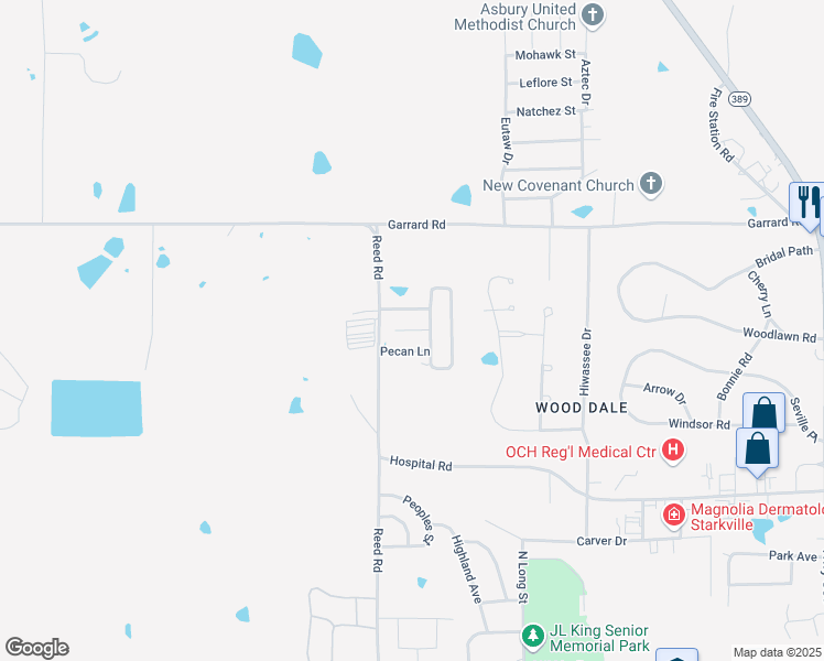 map of restaurants, bars, coffee shops, grocery stores, and more near Reed Court in Starkville