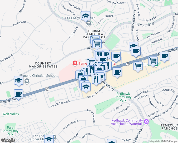map of restaurants, bars, coffee shops, grocery stores, and more near 31720 Temecula Parkway in Temecula