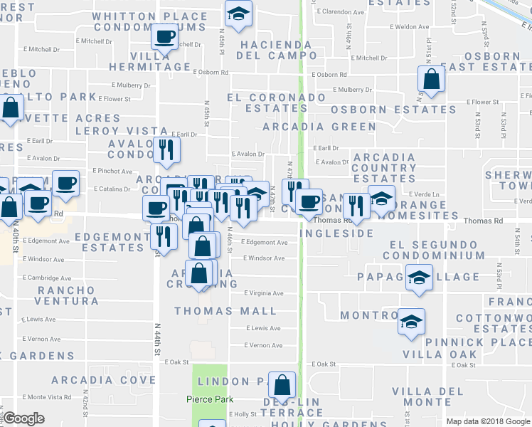 map of restaurants, bars, coffee shops, grocery stores, and more near 4650 E Thomas Rd in Phoenix