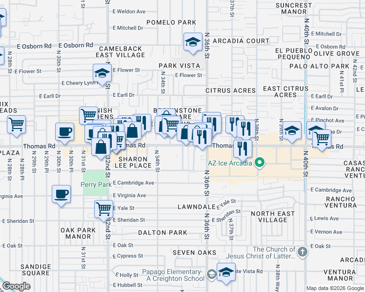 map of restaurants, bars, coffee shops, grocery stores, and more near 2898 N 35th St in Phoenix