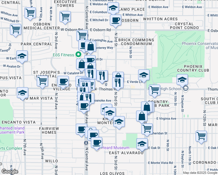 map of restaurants, bars, coffee shops, grocery stores, and more near 55 East Thomas Road in Phoenix