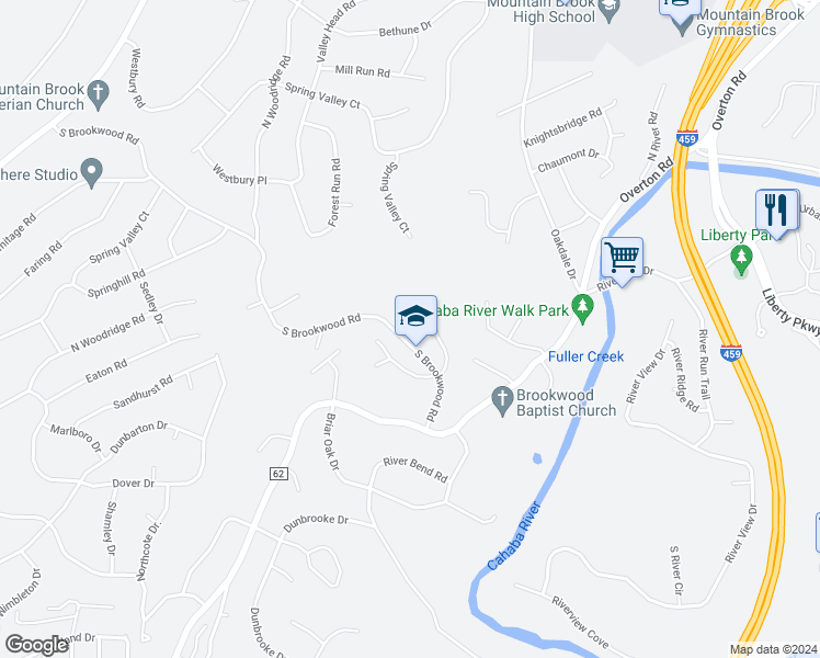 map of restaurants, bars, coffee shops, grocery stores, and more near 3701 South Brookwood Road in Birmingham