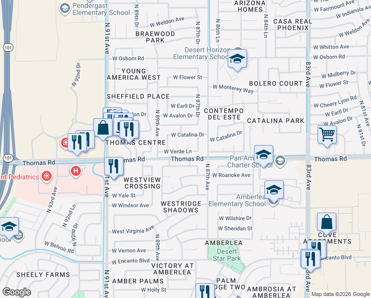 map of restaurants, bars, coffee shops, grocery stores, and more near 8739 West Verde Lane in Phoenix