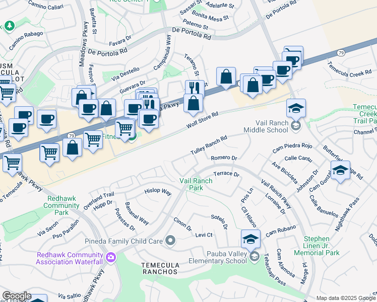 map of restaurants, bars, coffee shops, grocery stores, and more near 32812 Tulley Ranch Road in Temecula