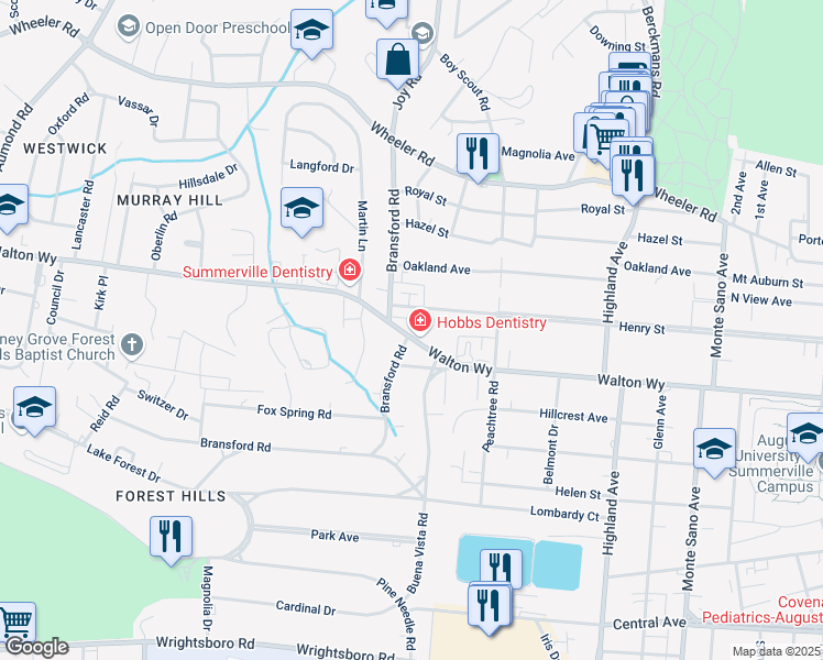 map of restaurants, bars, coffee shops, grocery stores, and more near 703 Beacon Hill in Augusta