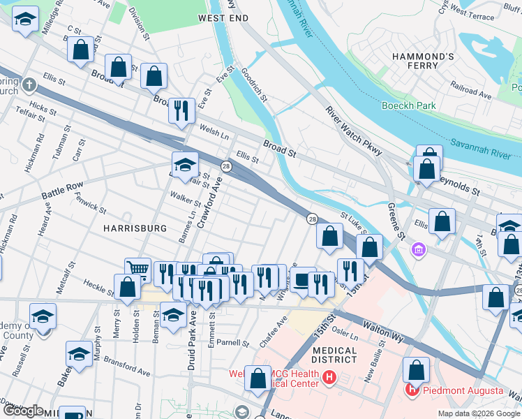 map of restaurants, bars, coffee shops, grocery stores, and more near 535 Bohler Avenue in Augusta