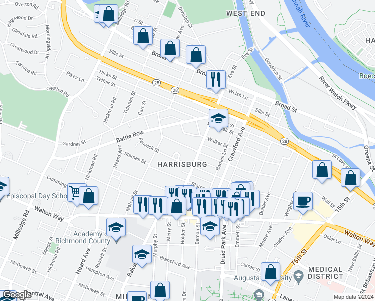 map of restaurants, bars, coffee shops, grocery stores, and more near 1914 Watkins Street in Augusta