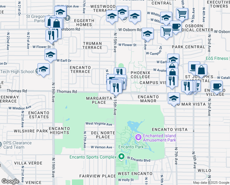 map of restaurants, bars, coffee shops, grocery stores, and more near W Thomas Rd & N 15th Ave in Phoenix