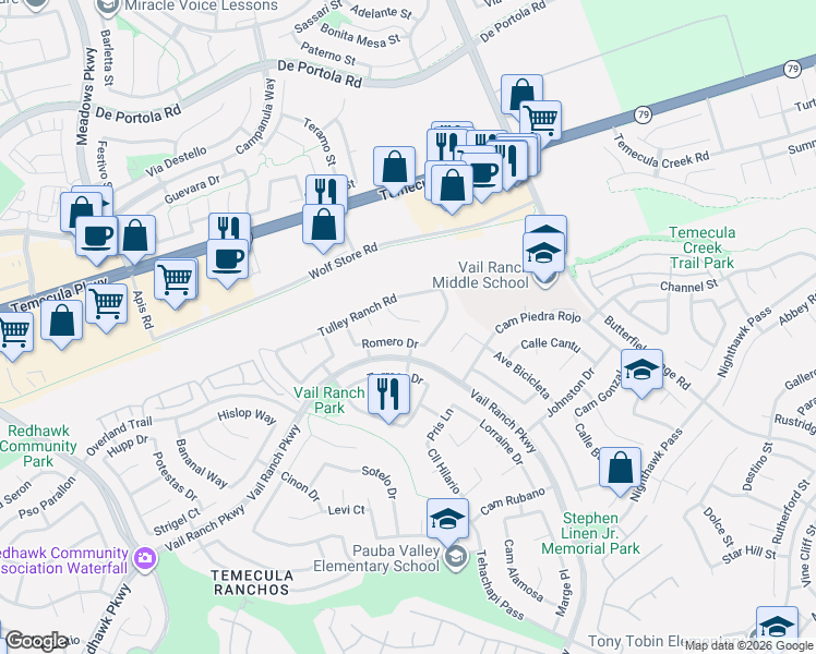 map of restaurants, bars, coffee shops, grocery stores, and more near 33029 Rossman Circle in Temecula