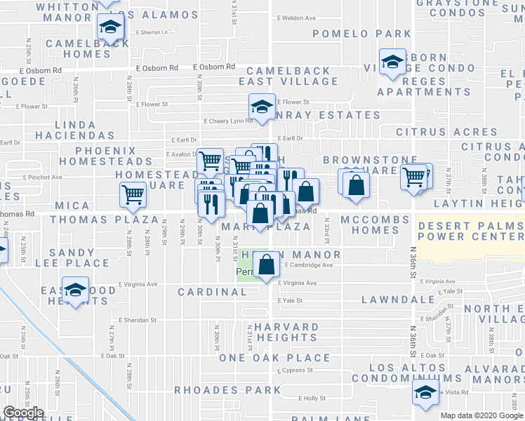 map of restaurants, bars, coffee shops, grocery stores, and more near 3175 E Thomas Rd in Phoenix
