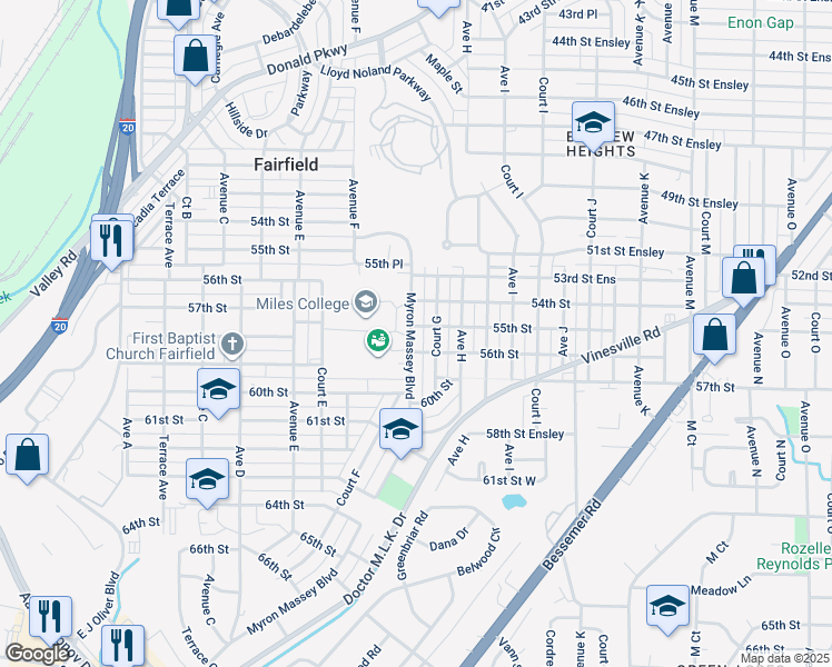 map of restaurants, bars, coffee shops, grocery stores, and more near 5511 Myron Massey Boulevard in Fairfield