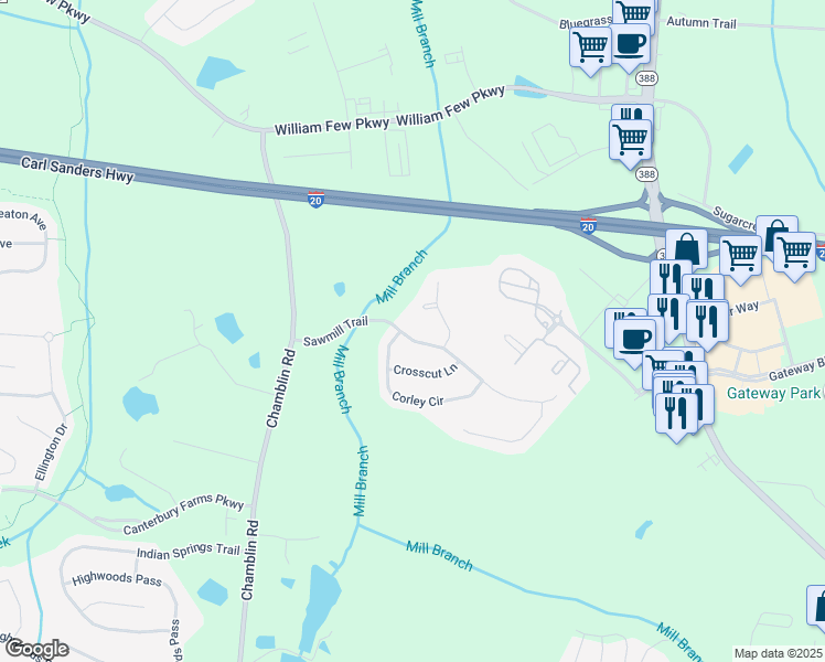 map of restaurants, bars, coffee shops, grocery stores, and more near 1419 Sawmill Trail in Grovetown