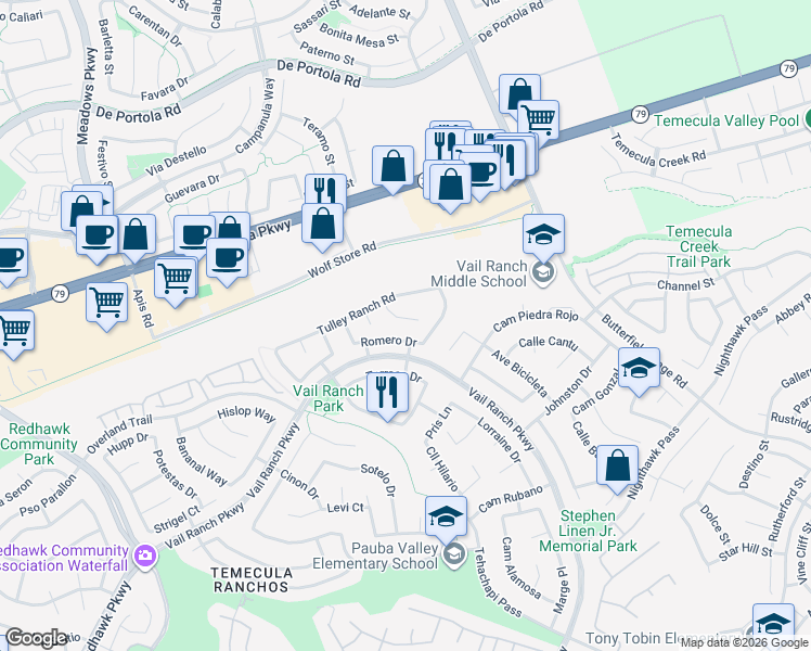 map of restaurants, bars, coffee shops, grocery stores, and more near 33029 Rossman Circle in Temecula