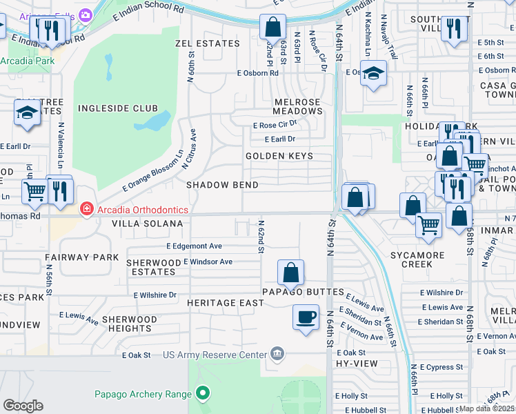 map of restaurants, bars, coffee shops, grocery stores, and more near 2850 North 62nd Street in Scottsdale