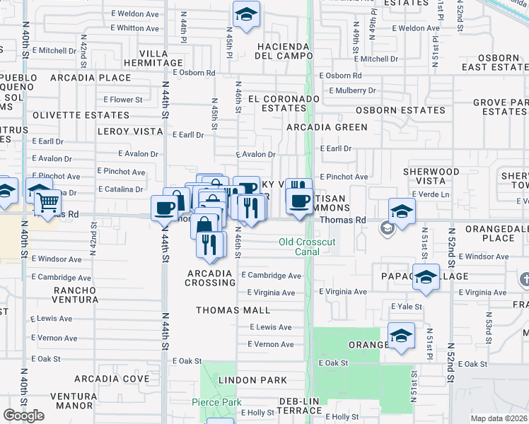 map of restaurants, bars, coffee shops, grocery stores, and more near 4643 East Thomas Road in Phoenix