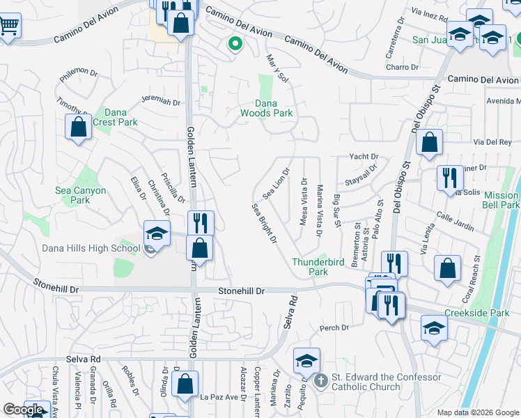 map of restaurants, bars, coffee shops, grocery stores, and more near 33211 Ocean Hill Drive in Dana Point