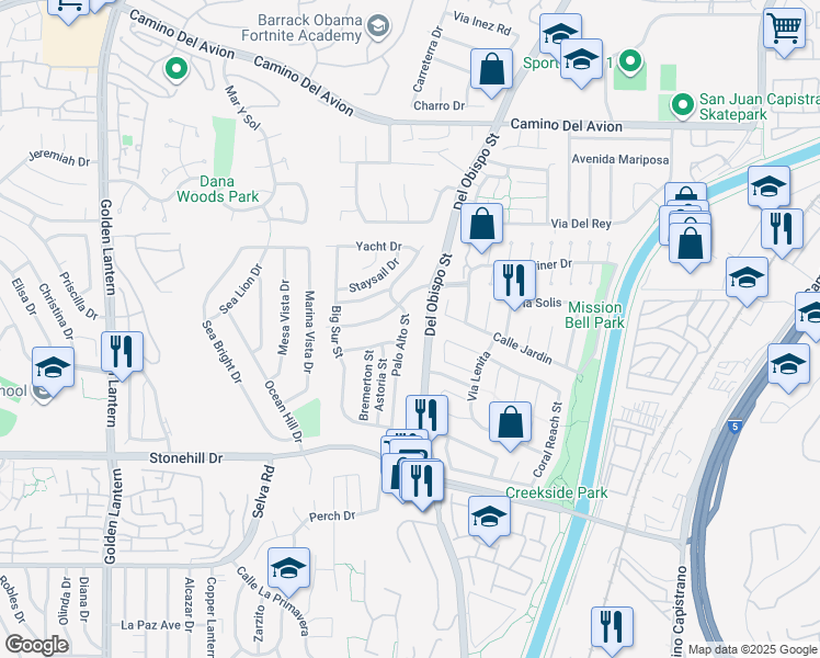map of restaurants, bars, coffee shops, grocery stores, and more near 33202 Palo Alto Street in Dana Point